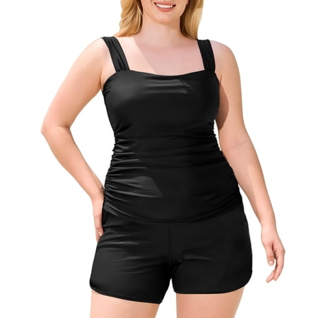 RELLECIGA Plus Size Womens Tankini Swimsuit Bandeau Ruched 2 Piece Bathing Suit Modest Swimwear