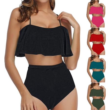 UTSJKR Women Two Piece Swimsuits High Waisted Bikini Teen Ruffle Tummy Control High Waist Bottoms Bathing Suits Swimwear Black M