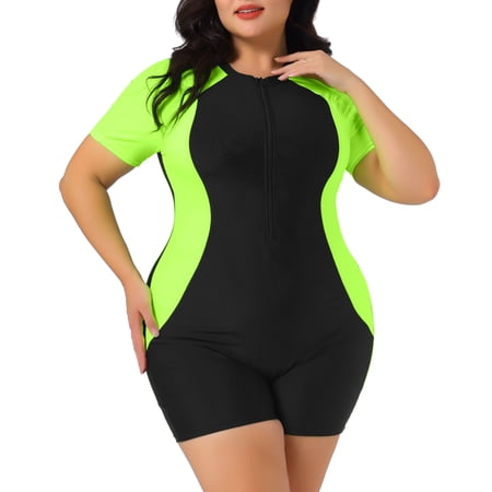 Agnes Orinda Women’s Plus Size One Piece Swimsuits Contrast Colors Tummy Zipper Crew Neck Short Sleeve Beach Swimwear 2X Green