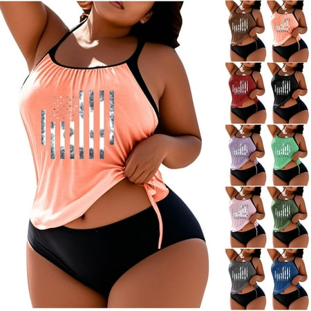 Pincandy Women Plus Size Printed Two Piece Tankini Set Wireless Padded Loose Drawstring Modest Bathing Suit for Beach Vacation Pool Party Summer Wear