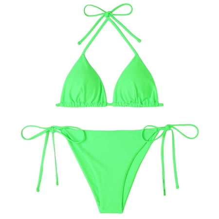 Womens Bikinis Green Pad No Steel Support Fashion Sexy Lace Up Split Backless Swimsuit Bathing Suits