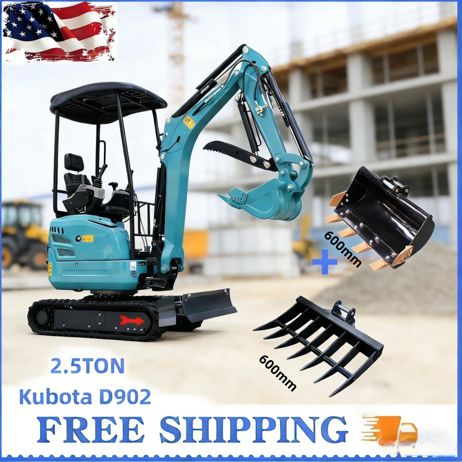 2.5 Ton  Hydraulic KUBOTA D902 Mini Excavator with Side Swing Pilot Control USA