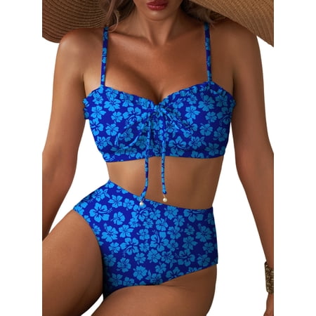 Eytino Women’s High Waisted Bikini Set Floral Print Front Lace Up 2 Piece Swimsuit Ruched Ruffle Trim Bathing Suit with Adjustable Spaghetti Straps M