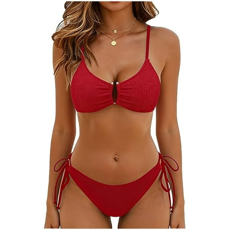 MGDXOX Women’s 2 Piece Bikini Sets High Cut String Triangle Swimsuit Textured U-Wire Cheeky Solid Bathing Suits Red M