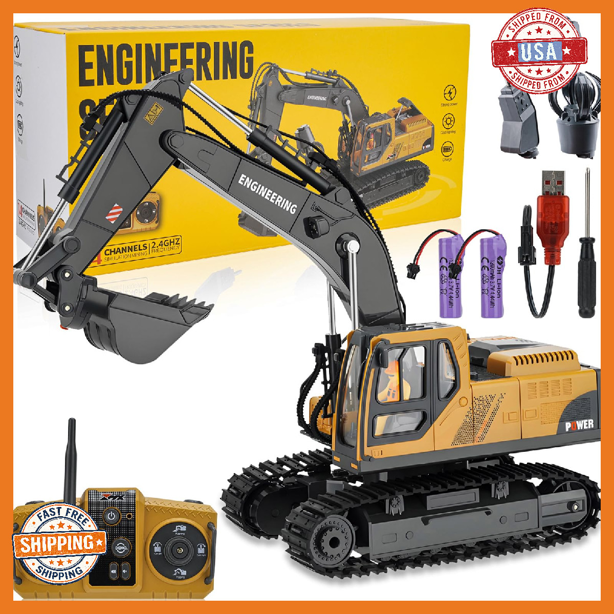 RC Excavator Toy for Boys 3-12, 3-IN-1 Bucket/Claw/Drill, 2.4GHz 14 Channel Cons