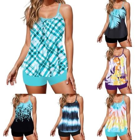 Swimsuits for Women Two Piece High Waist Tankini Shorty Set Summer Beachwear Blue Women’s Swimwear L