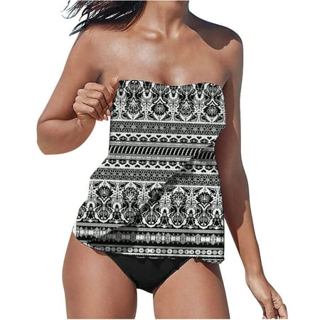 Womens Strapless Bandeau Tankini Swimsuit Removable Straps Blouson Top with Bikini Bottom summer printed Swimwear Beach Bathing Suits