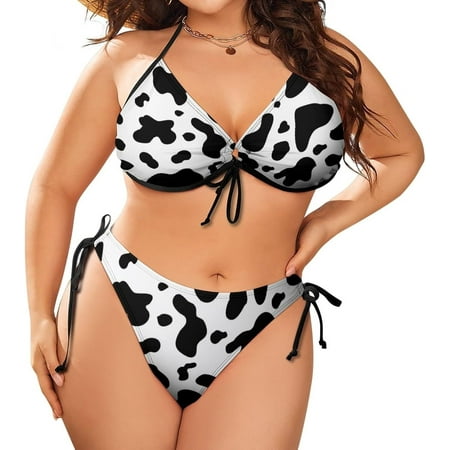 NICKSUN Women’s Halter Padded Top Tie Side Bottom Swimsuit Cow Print 2 Piece Plus Size Bikini Bathing Suits