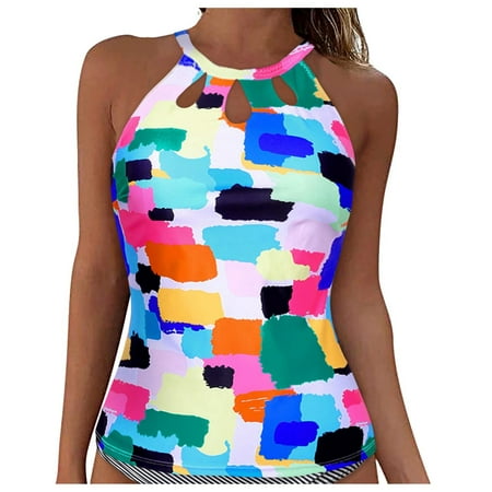 Hessimy High Neck Tankini Top Backless Bathing Suit Tops for Women Swimsuit Top Key Hole Swim Top Only(Z02-Light Blue,XL)