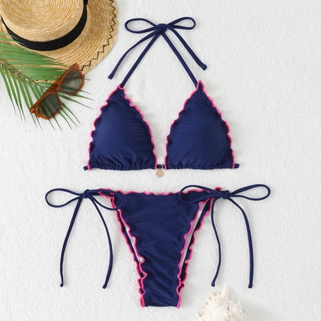 Bikini Sets for Women Triangle String Bikini Set Color Block Ruffle Trim Two Piece Brazilian Swimsuit Spaghetti Strap Tie Swimwear