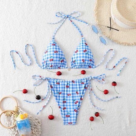Bikini Sets for Women 2 Piece Cherry Print Halter Bikini Set String Triangle Swimsuit Bathing Suit