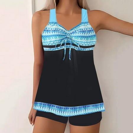 Sakmal Blue Swimsuits for Women 2025 Two Piece Sets Tie Front Tankinis Plus Size Bathing Suits Full Coverage Swimsuit Sets