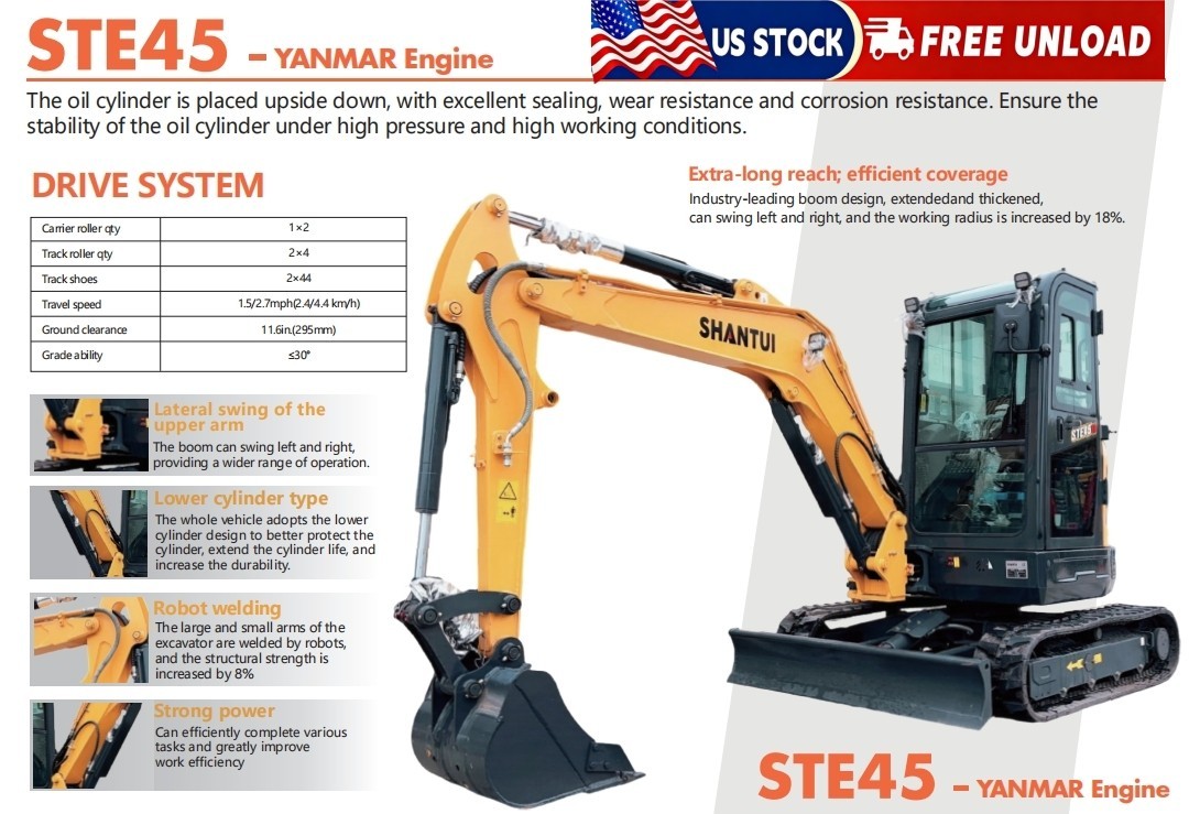 8377 LBS 3.8 Ton SHANTUI STE45SR Mini Excavator with Yanmar EPA4 Engine with Cab