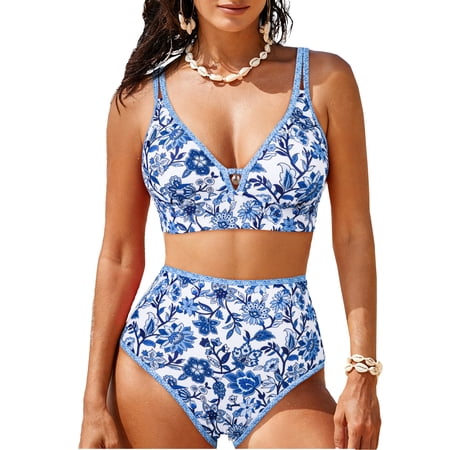SHEWIN Womens Swimsuits Sets Bikinis Sets 2 Piece Tummy Control Bathing Suits High Waisted Swimwear Floral Swimming Suits Push Up Beach Vacation Outfits Blue Floral XL