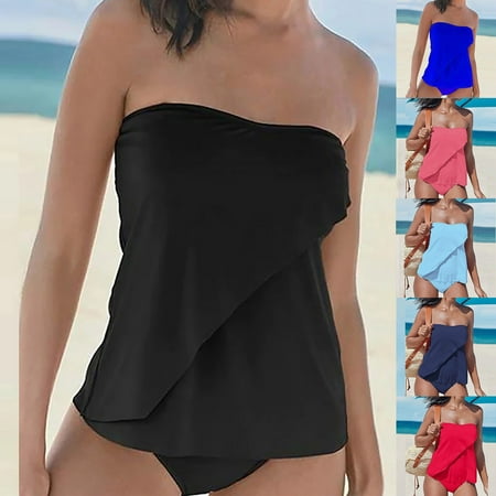 pstuiky Swimwear for Women , Women Solid Color Two Piece Swimsuits Set High Waist Bikini Beachwear Summer Swimwear for Women Plus Size Adjustable Straps Swimsuit Women Black 8