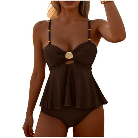 FRSASU Two Piece Tankini Bathing Suit for Women’s Ruched Tummy Control Swimsuit Sets with Bikini Bottom Coffee