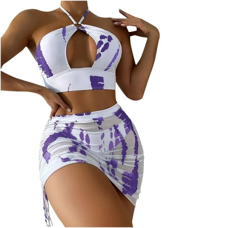QLEICOM Womens Swimsuits Tummy Control Plus Size Swimsuit Coverup Sexy Apron Print Strappy Back Set Three Piece Bikinis Swimsuits Purple M