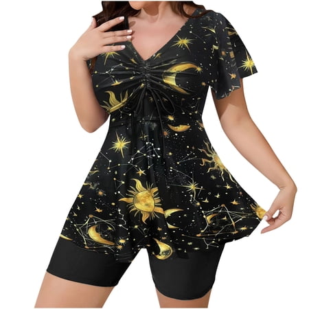 Fewfanhot Plus Size Women’s Printed One Piece Swimsuit, V Neck Short Sleeve & High Waist Boyshort Bottom, Tummy Control Bathing Suit for Swimming