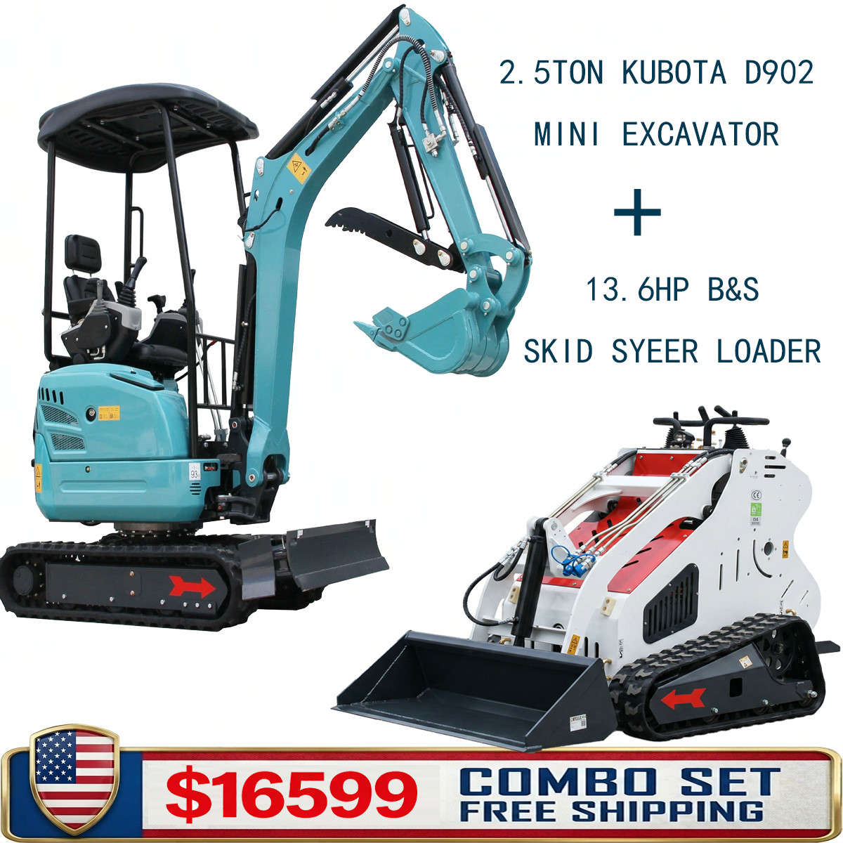 2.5Ton Side Swing Kubota Mini Excavator & 13.6HP Mini Skid Steer Loader Combo