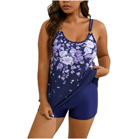 Plus Size Womens Tankini Swimsuits Two Piece Bathing Suit Flowy Ruffle Tankini Tops with Swim Shorts