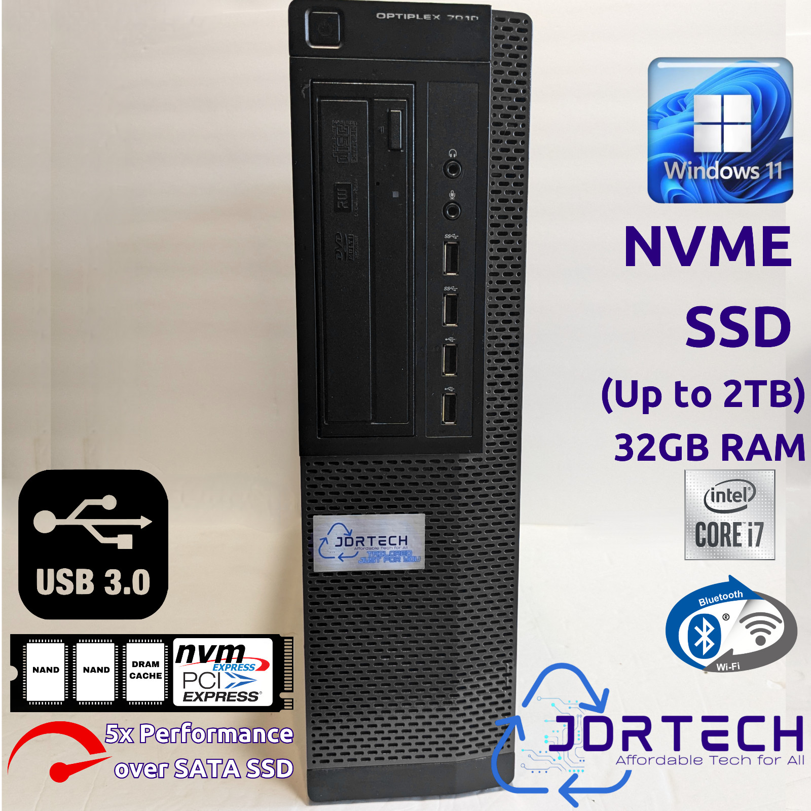 Windows 11 Pro Desktop Computer Dell Optiplex 7010 Core i7 NVME SSD 32GB WiFi BT