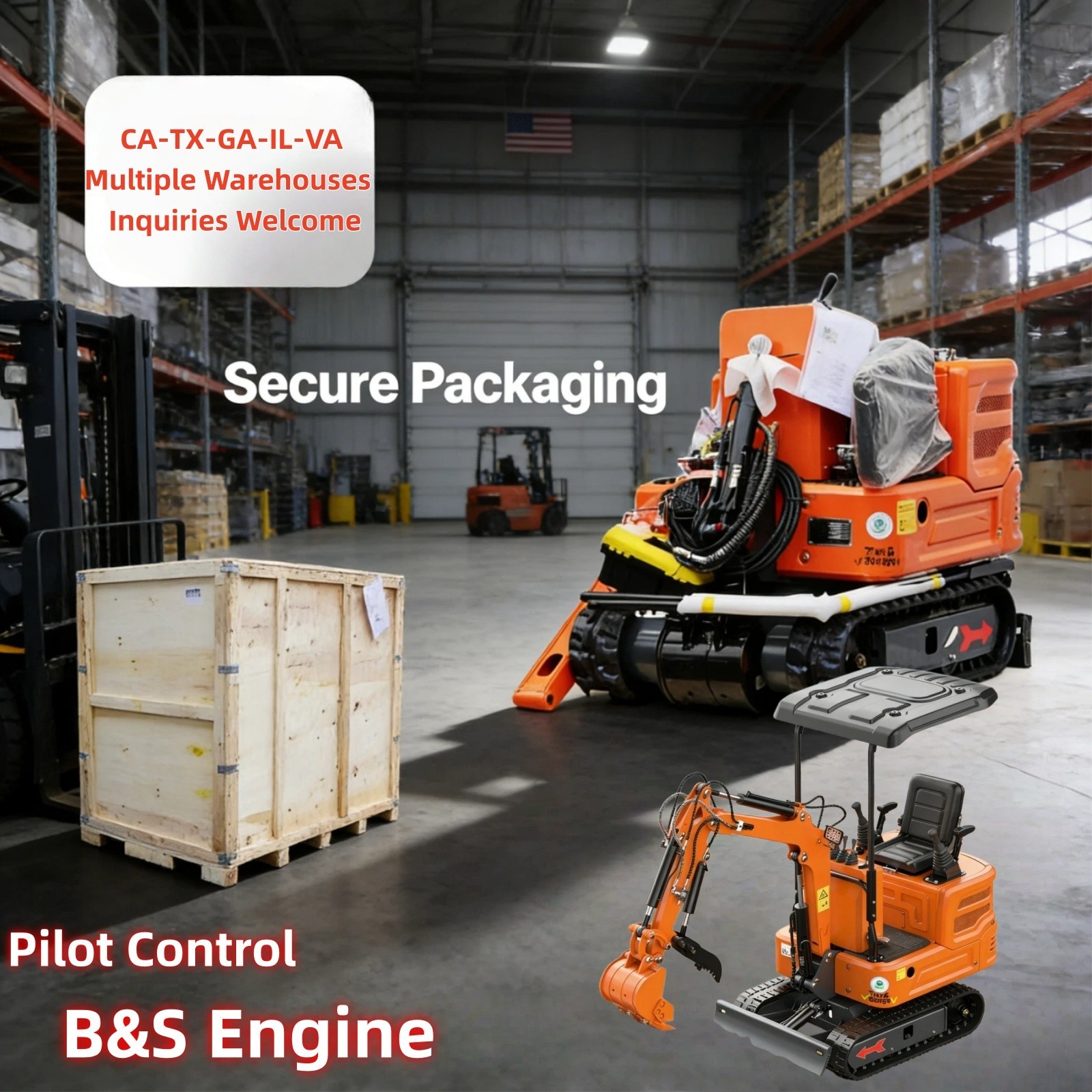 New 1 Ton Mini Excavator Gas B&S EPA Engine 13.5HP USA Free Wooden Crate Package