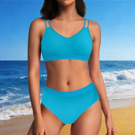 QUNYINEY Standard Straps Bikini Sets for Women Triangle High Waisted Color Block 2 Piece Swimwear Tummy Control V Neck Women Swimsuit Sets