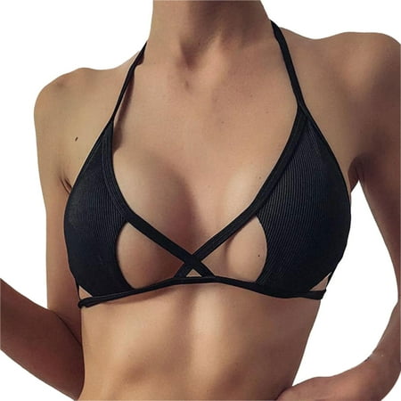 Linfrsh Women’s Black Cheeky Strappy Longline Triangle Bikini Top Front Cutout Swimsuit Sexy Tie Back Criss Cross Bathing Suit Tops Black,L