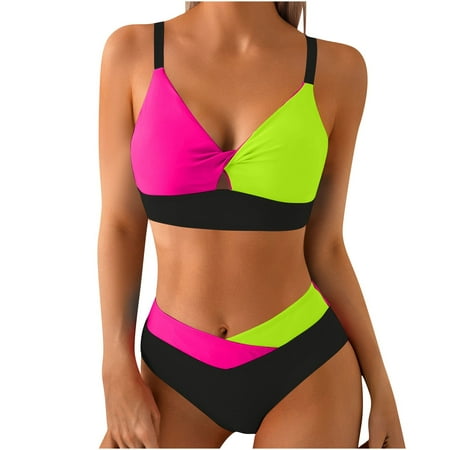 LYEAA Bikinis Sets for Women Spaghetti Strap Swimsuits 2 Piece Colorblock Bathing Suit Beach Vacation Swimwear