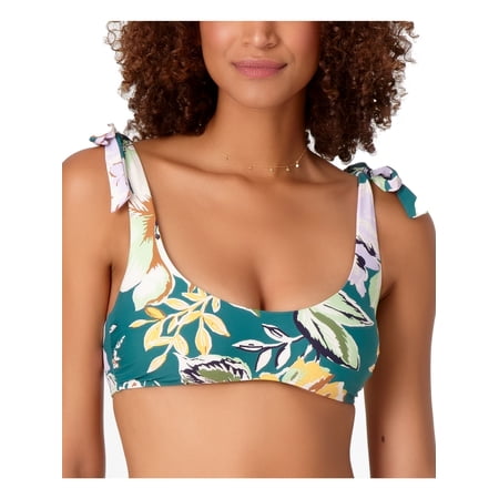 STUDIO ANN COLE Women’s Teal Printed Stretch Push-Up Scoop-Neck Shoulder-Tie Bikini Adjustable Swimsuit Top S