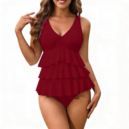 HAPIMO Women’s Tankini Swimsuit Multi-Layer Ruffle Peplum Top with Bottom Two Piece Swimwear Tummy Control Summer Beach Pool Bathing Suit Wine L