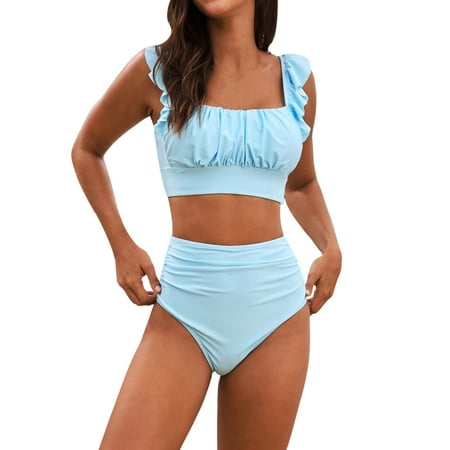 MIXUE Swim Suits for Women Solid Color Flounces Two Piece Bikini Sets for Women Swimwears Bathing Suits,Blue,M