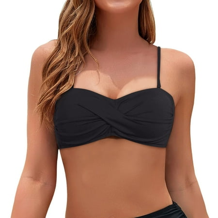 XUELUO Swim Suits For Women Summer Solid Color Spaghetti Strap Push Up Backless Bikini Tops Swimwear Activewear,Black,S
