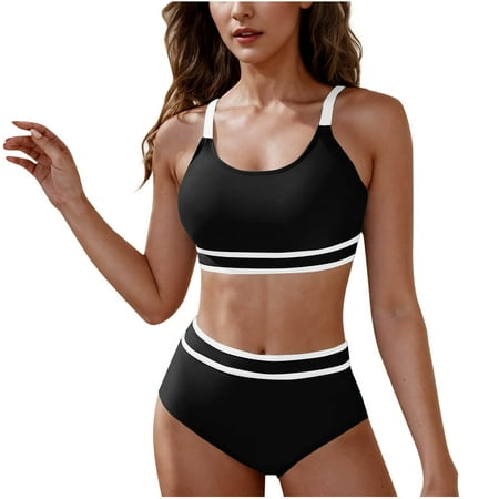 Efsteb Swimsuits for Women 2025 Two Piece Women’s High Waisted Bikini Sets Sporty Two Piece Swimsuits Color Block Cheeky High Cut Bathing Suits (Black,L)