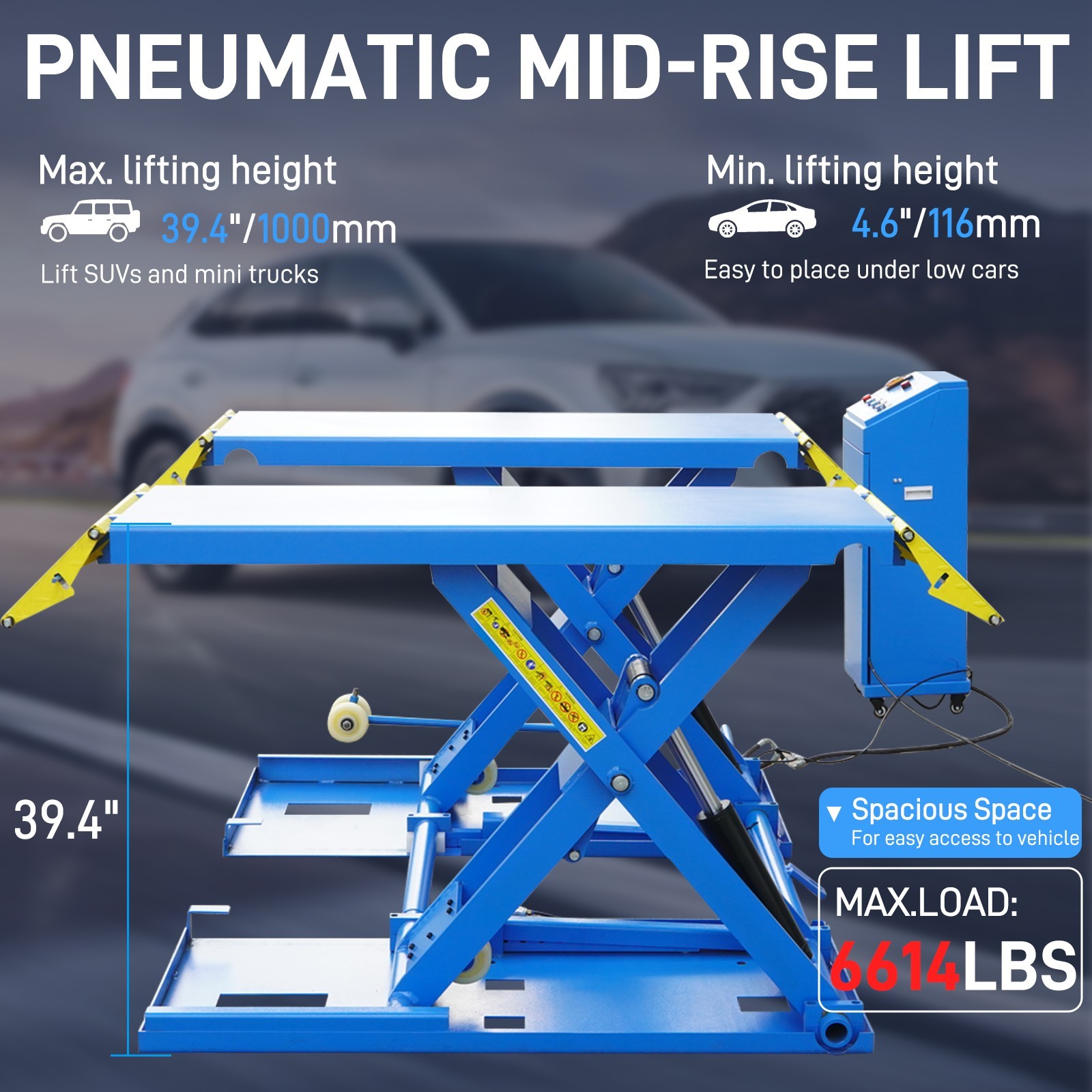 Pneumatic Mid-Rise Scissor Lift-6614 LBS Load Capacity, Fits SUVs, Free shipping