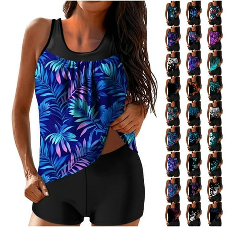 Jsaierl 2 Piece Tankini Bathing Suits Women Blouson Swim Tops Summer Print Swimwear Athletic Vacation Modest Beachwear with Swim Shorts Tankini Swimsuits