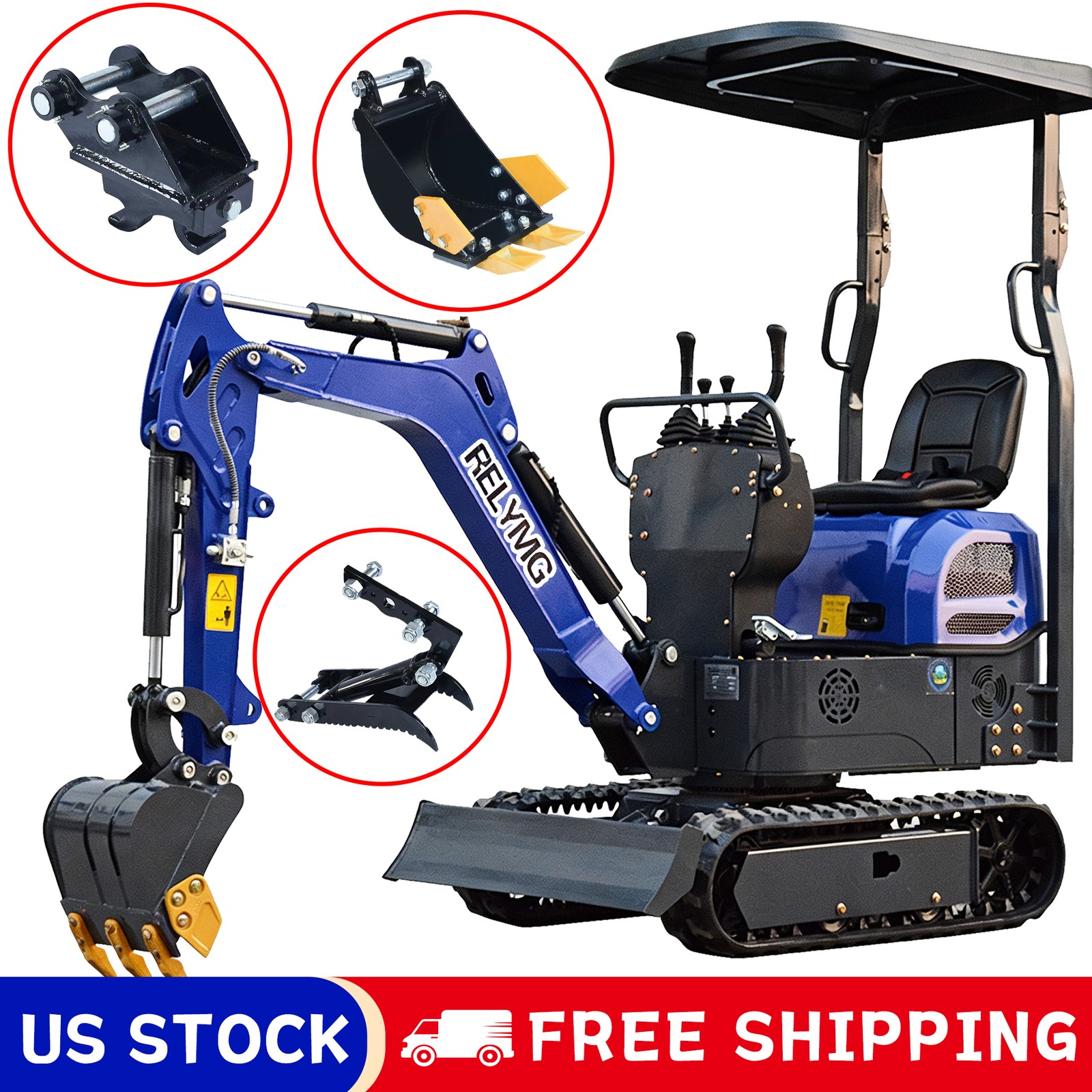 FREE unloading/ship Mini Excavator 1Ton 13.5hp Gas EPA Engine and 3 Attachments