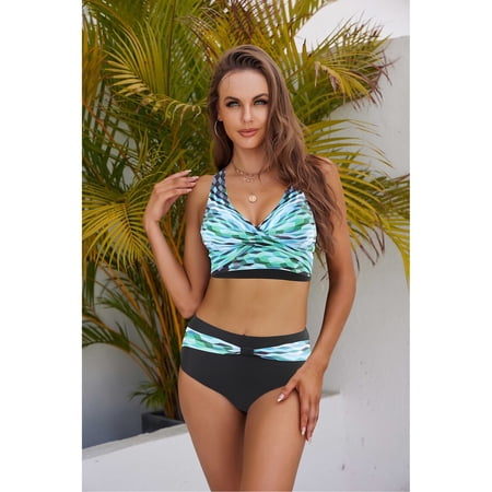 2 Piece Bathing Suits For Women, Trendy High Waisted Bikini Tankini Comfortable and Stylish – Aqua Blue – 2104 – Small