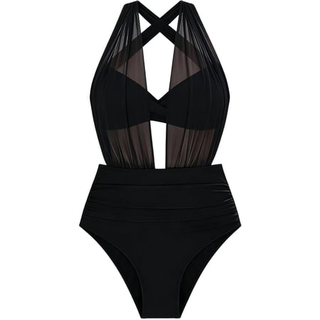 MGDXOX High Waisted Bikini Sets for Women Tummy Control Swimsuits Two Piece Solid Modest Mesh Bathing Suits Black M