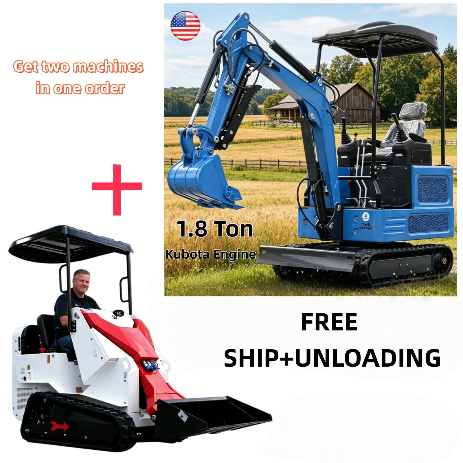 4000LBS Mini Excavator Pilot Diggers Kubota Engine Ride On Skid Steer FREE Ship
