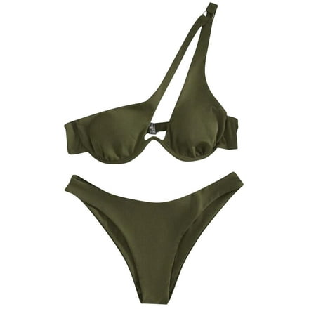 Bigersell Underwire Swimsuits for Women – Trendy One Shoulder Bikini Sets – High Cut 2 Piece Bathing Suits – Vacation Two Piece Swimsuits Beach Swimwear Green-a XL
