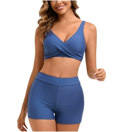 SELONE Swimsuits for Women Tankini Summer Plus Size Two Piece Swimdress Mesh Flowy Tankini Swimsuits with Boyshorts Modest Bathing Suits Swimwear Blue M