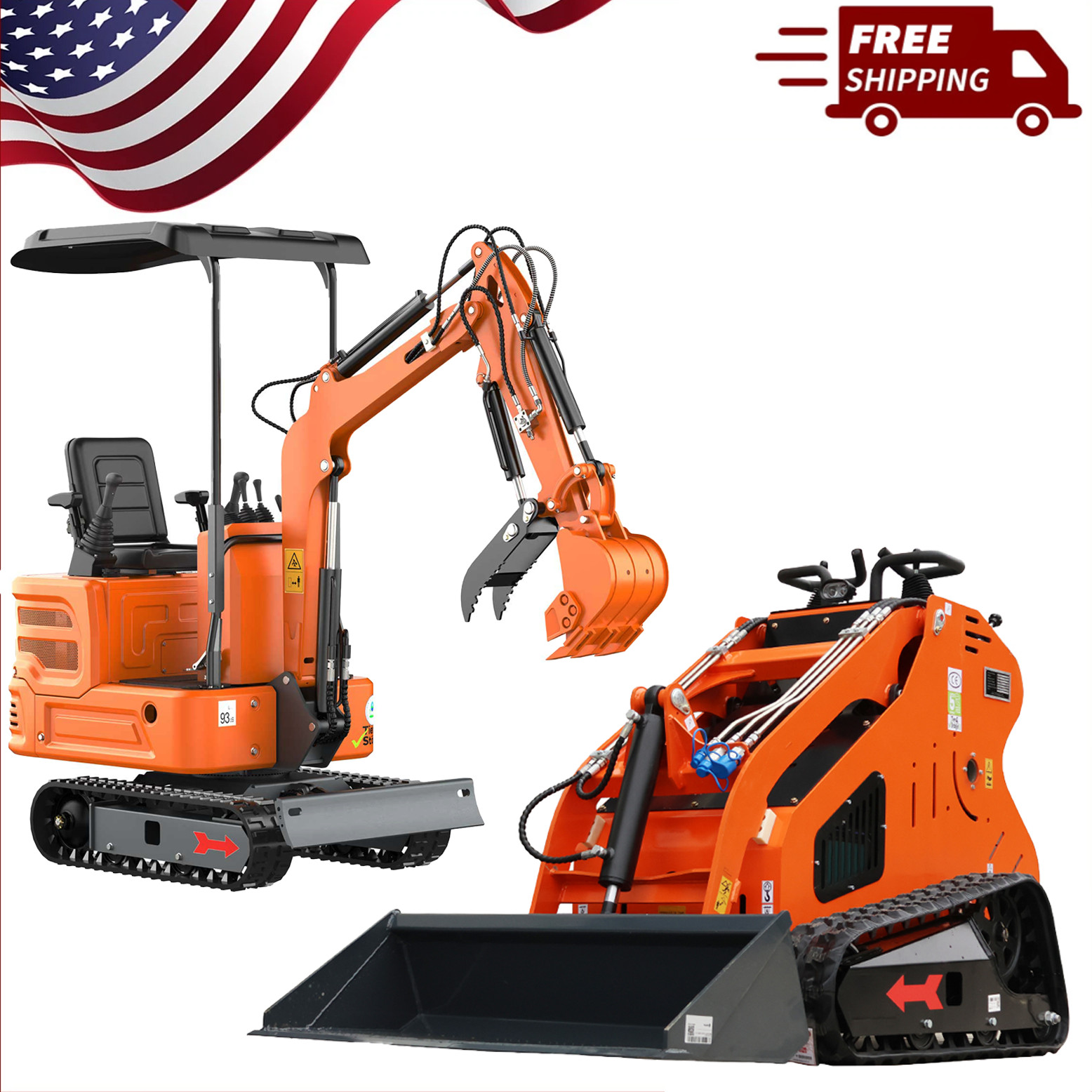 1 Ton Mini Excavator  + 13.5HP Mini Skid Steer Loader Bundle, Free Ship & Unload