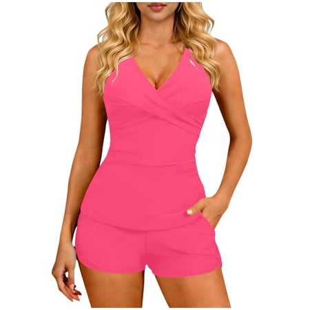 UTSJKR Women Tankini Swimsuits with Shorts – Two Piece Tummy Control Bathing Suits Top with Two Pockets Bottom Swimwear Hot Pink XXL