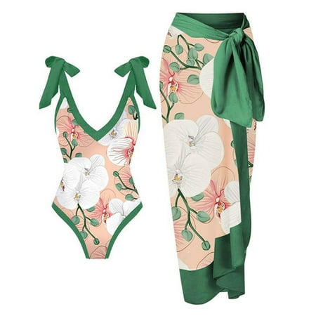 Jacenvly Women One Piece Swimsuit with Long Skirt Two-Piece Set Cozy Sleeveless Floral V-Neck Surfing Swimwear Quick Drying Women’s Backless Mesh Beach Skirt With Sun Protection Green
