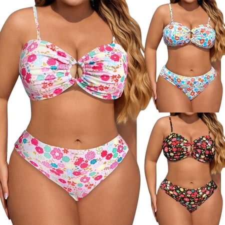 Babcutegg Women’s Plus Size Bikini Set 2 Piece Floral Swimsuit Strapless Top Cutout Bottom Bathing Suit Blue Size 4XL