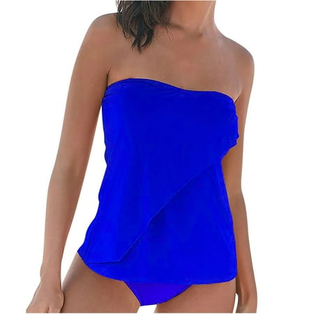 Two Piece Tankini Bathing Suits for Women Bandeau Bra Swim Tube Top with Bottom Strapless Flowy Swimwear Solid Tankini Sets Beachwear Blue,XXXXXL