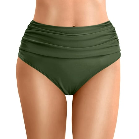 B91xZ Women High Waisted Bikini Bottom Retro Ruched Swim Short Shirred Tankinis Brief (AG,L)