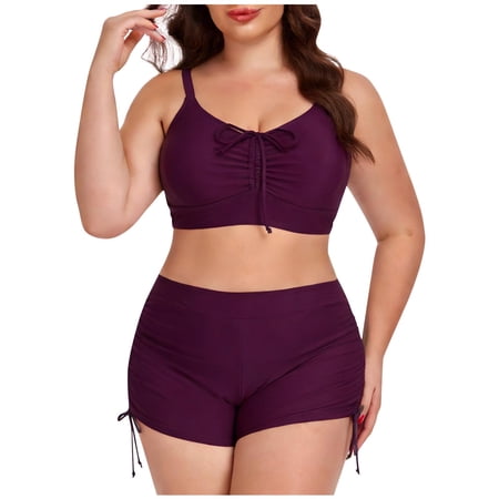 Stamzod Women’s 2 Piece Bikini Sets with Shorts Drawstring Plus Size Swimsuit 2026 Tummy Control Bathing Suit Purple XL