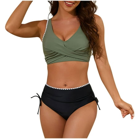 CLOISE Women’s Bikini Swimsuits 2 Piece with Shorts Built in Bra Full Coverage Swimwear Crossed Solid Vacation Beachwear